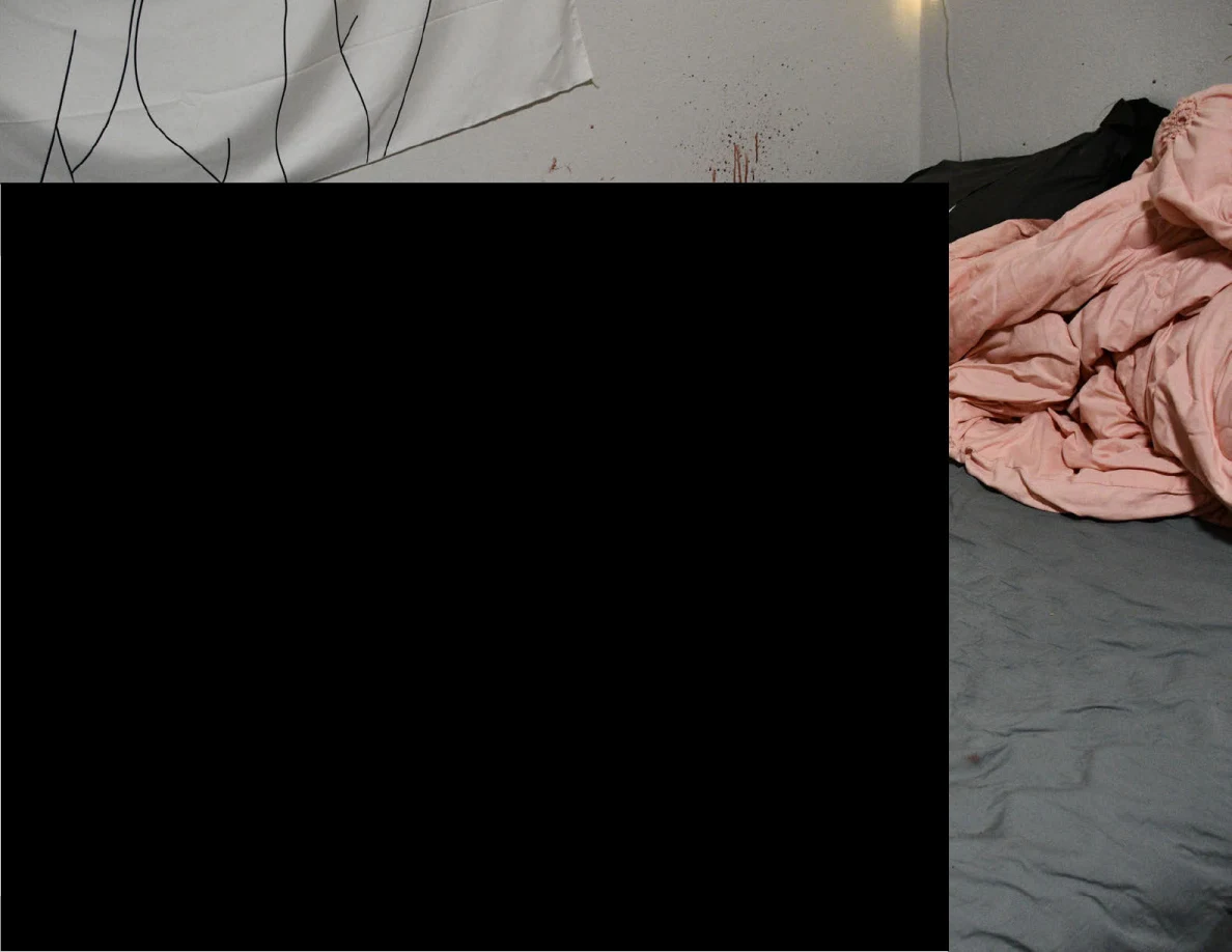 Bed with pink fabric and gray sheet beside reddish wall marks, largely obscured by a redaction.