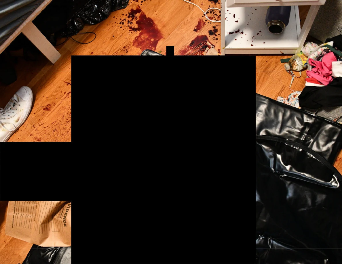 Marked bedroom floor and black sheeting around a large redacted area.