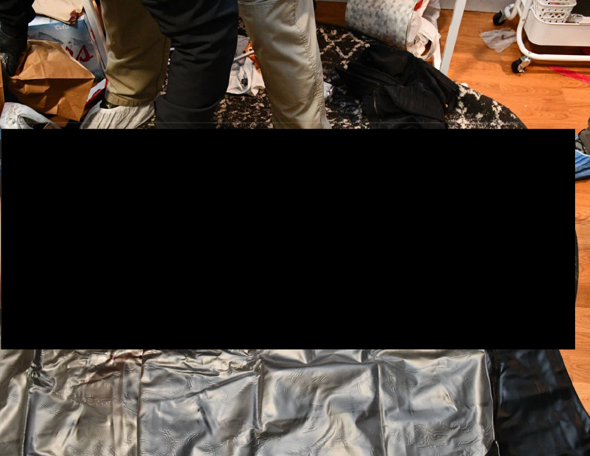 Lower legs in protective shoe covers beside dark floor covering and a large black redaction.