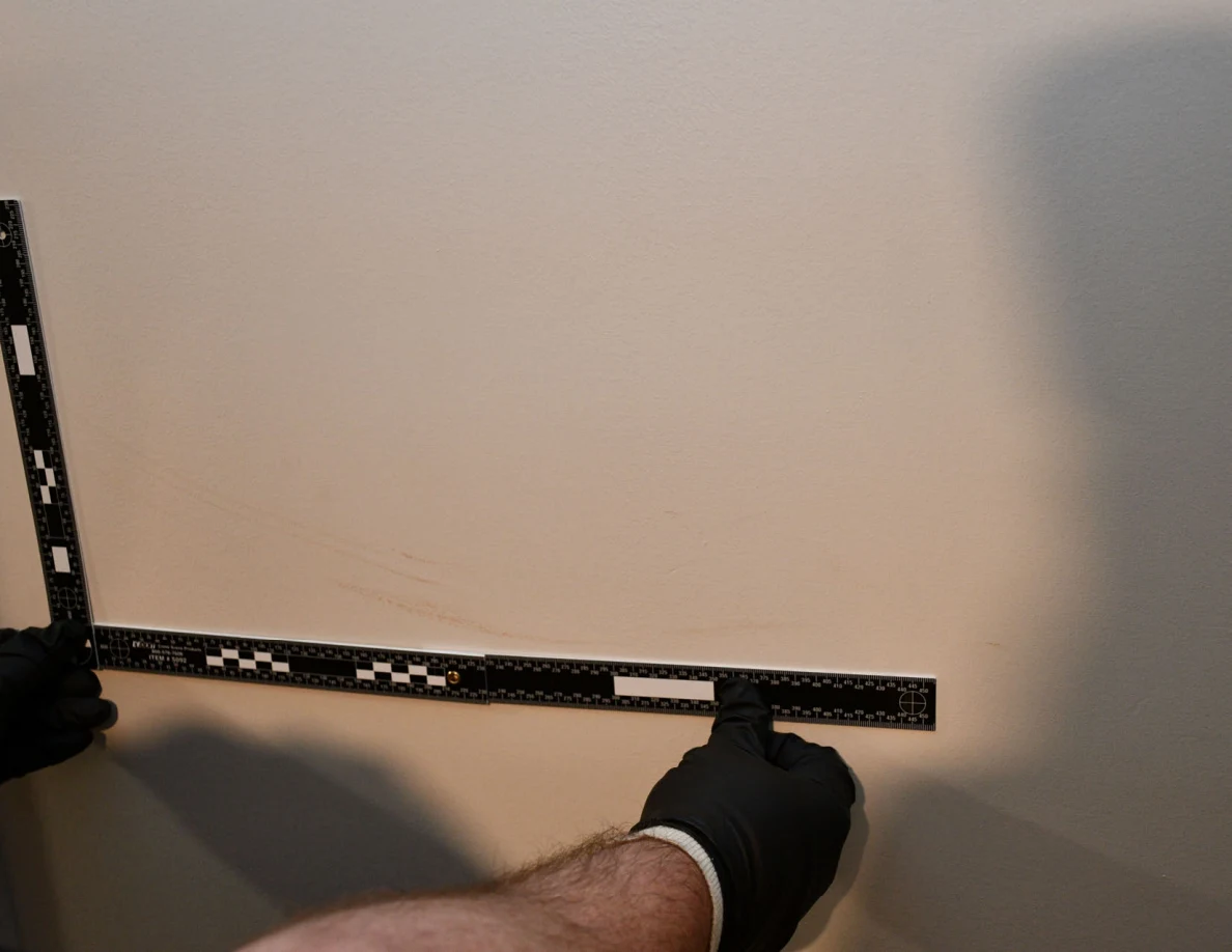Black-gloved hands holding an L-shaped ruler around a faint curved wall mark.