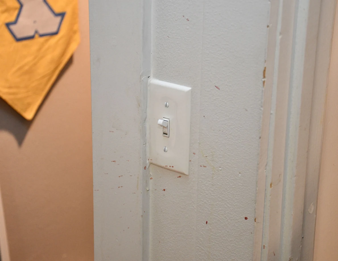 Light switch and pale wall with small reddish spots beside a closet doorway.