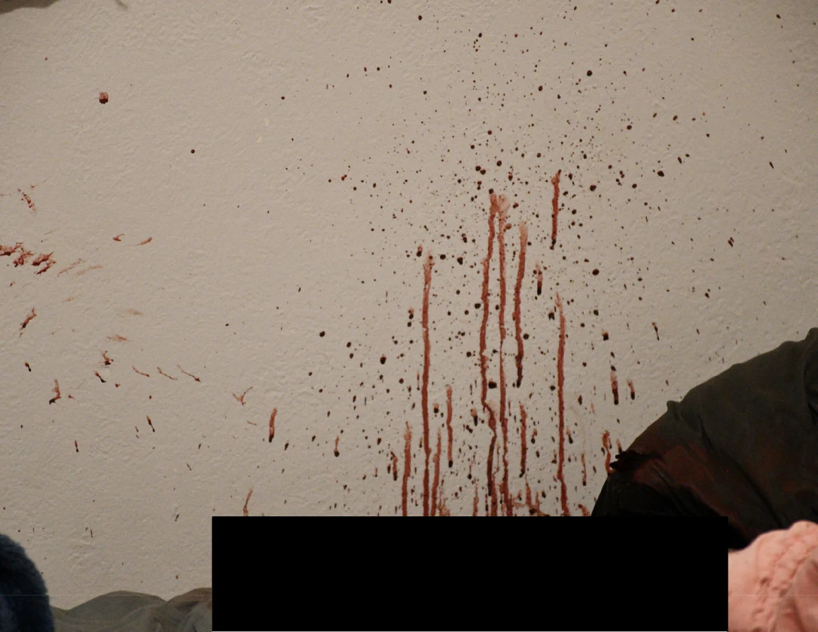 Reddish spots and long vertical streaks on a pale wall above dark bedding and a redacted area.