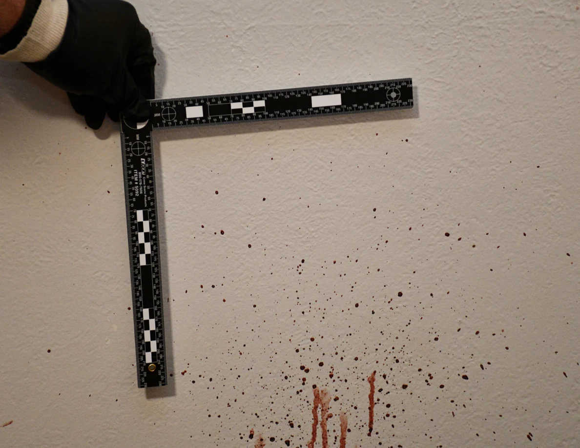 L-shaped measuring scale around reddish wall spots and vertical streaks.