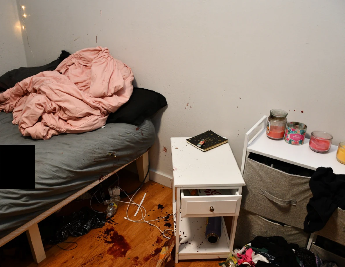 Bed corner with pink bedding beside a small white cabinet and fabric drawers, with reddish marks on nearby surfaces.