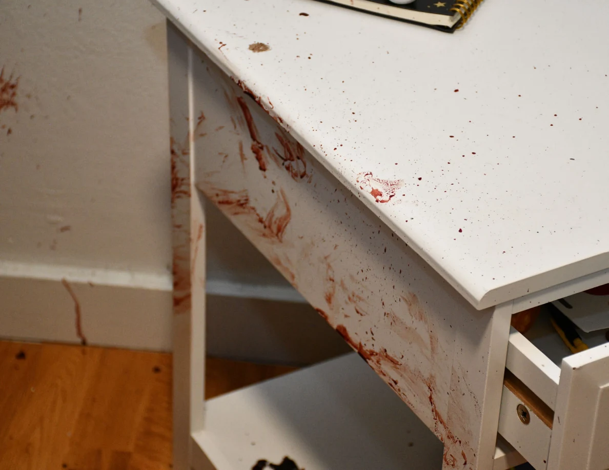 Reddish smears and spots on the side and top of a small white cabinet.