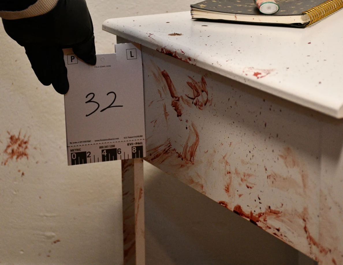 Scale card 32 beside reddish smears on a white cabinet side.