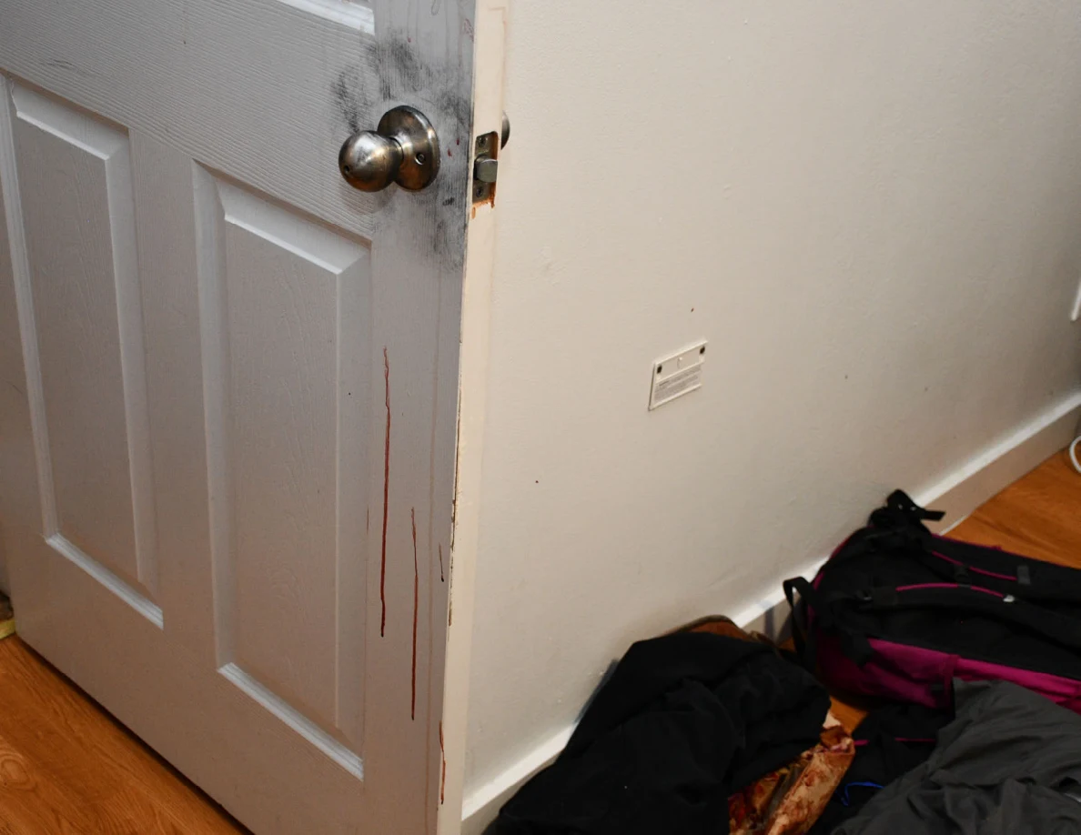 Dark smudges around a doorknob and long reddish streaks on a white door.