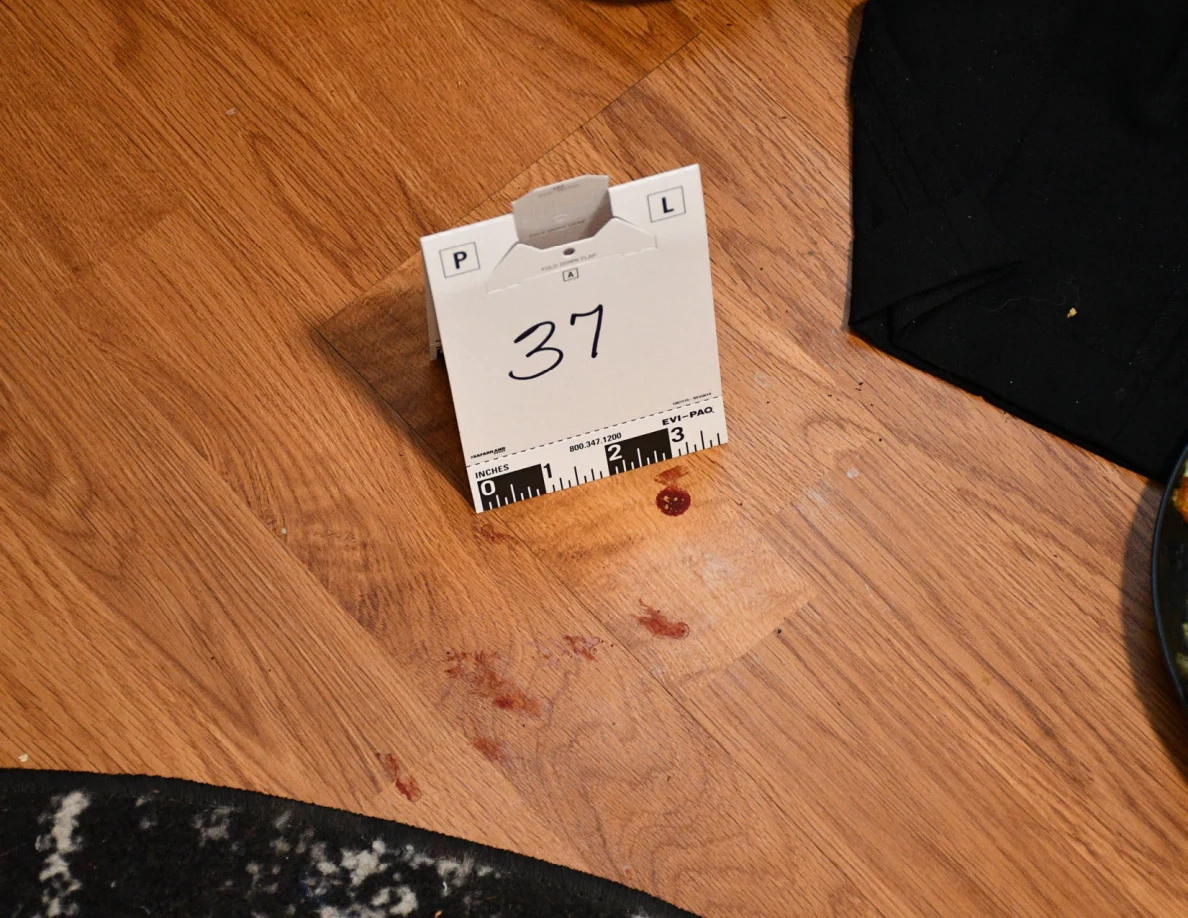 Scale card 37 beside reddish floor spots near a dark rug edge.