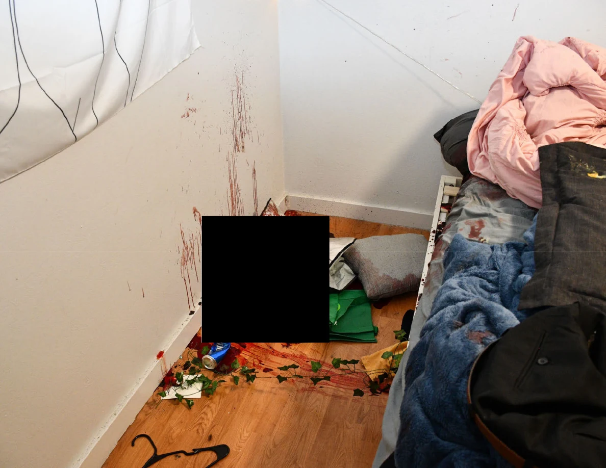 Bedside floor and wall with reddish streaks, gray pillow, green bag and a large black redaction.