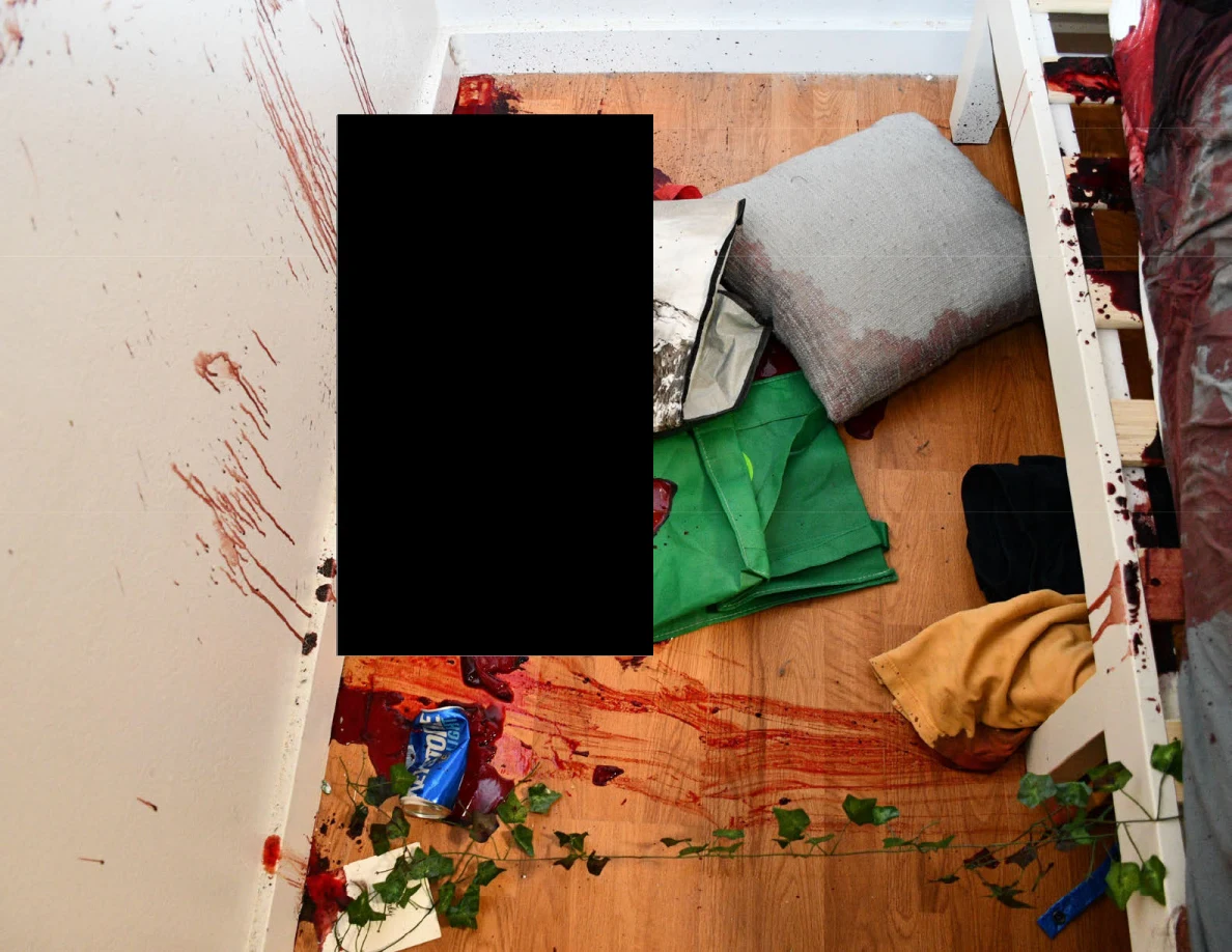 Close view of reddish floor and wall streaks beside a bed, pillow and green bag, partly redacted.