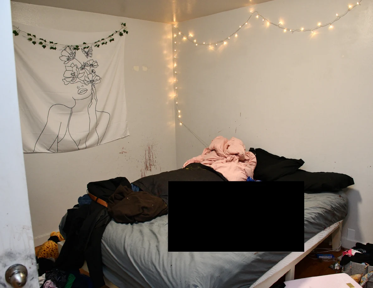 Bed below a floral line-art wall hanging and string lights, with reddish wall marks and a large black redaction.