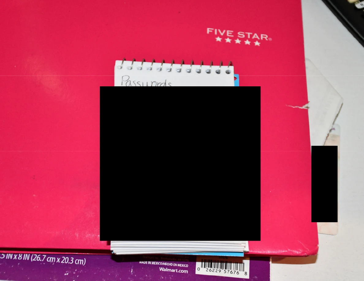 Close view of a spiral pad headed Passwords with contents blacked out on a pink notebook.