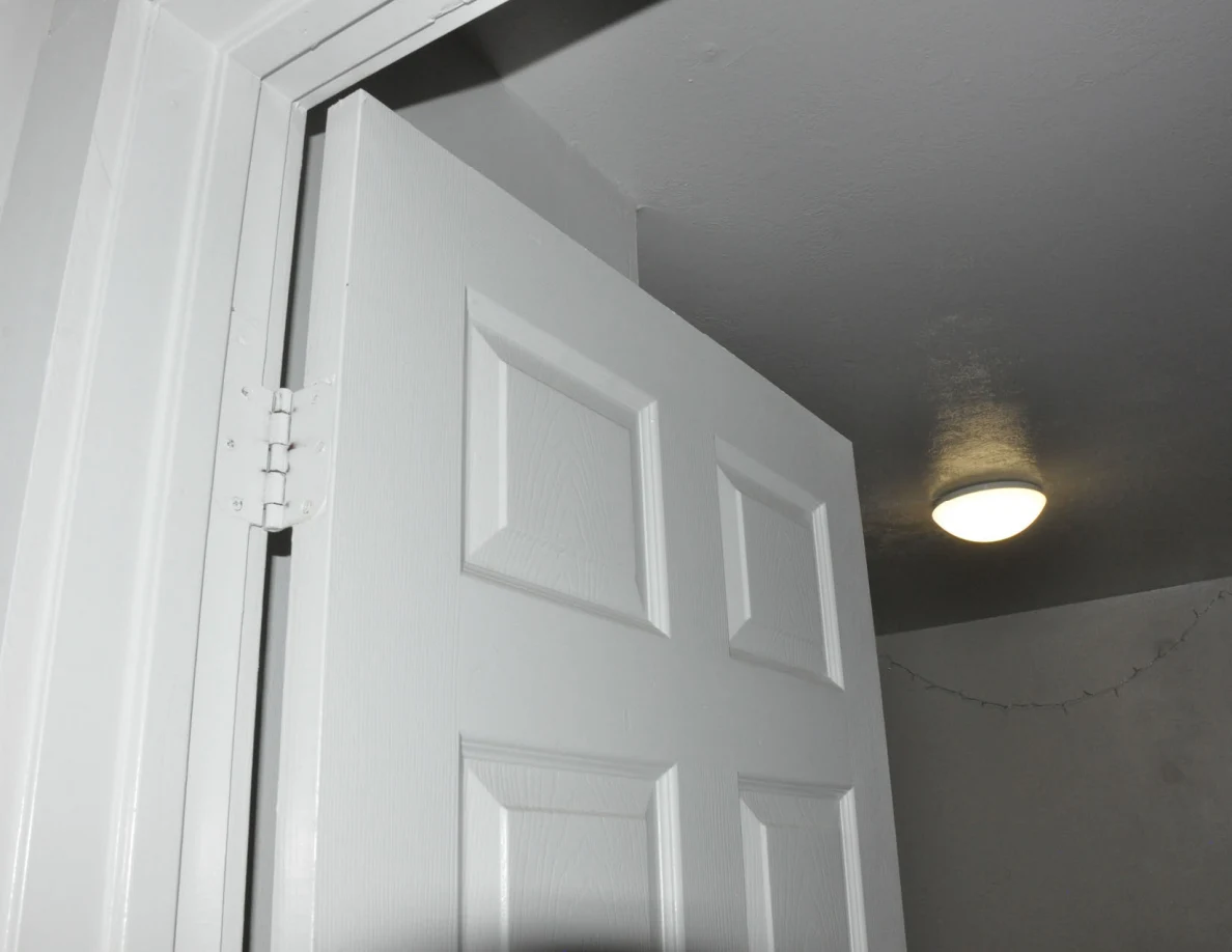 Upper hinge and panels of an open white bedroom door.