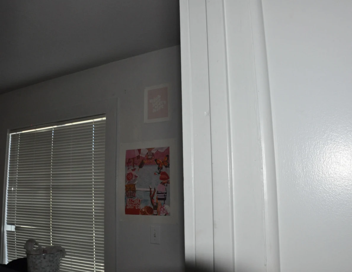 Upper door frame with window blinds and pink wall art beyond.