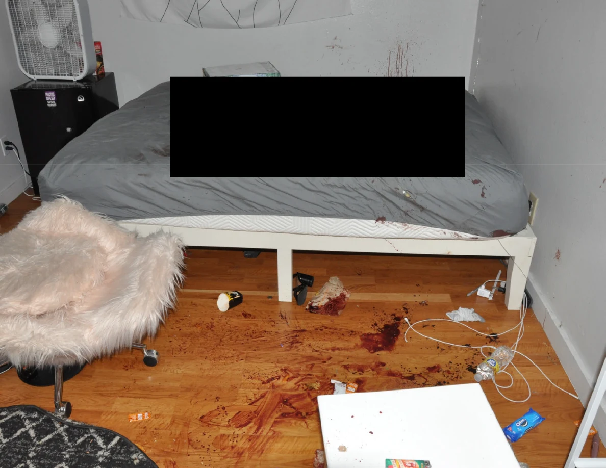 Bed with gray sheet above reddish floor marks beside a fluffy chair and cables, partly redacted.