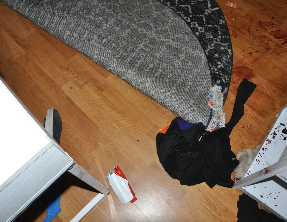 Folded patterned rug and dark clothing on wood-pattern flooring.