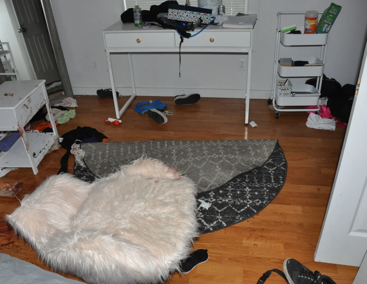 Fluffy chair and folded rug facing a white desk and rolling cart.