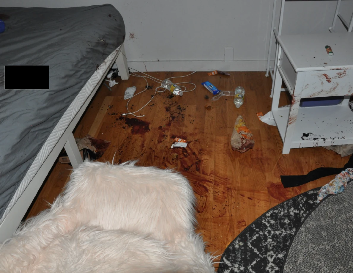 Reddish floor marks and cables between a bed, white cabinet and fluffy chair.