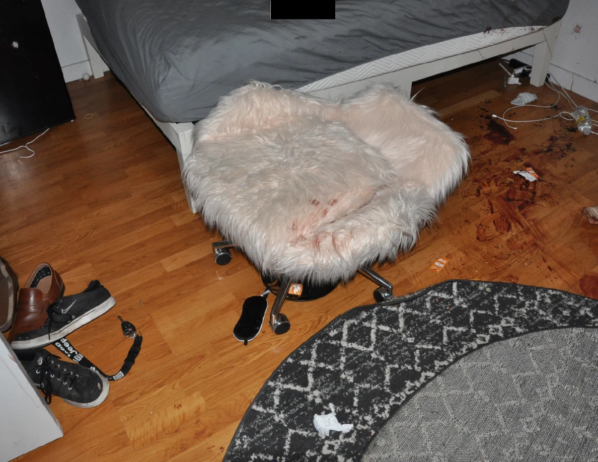Fluffy chair with reddish marks beside a bed and folded patterned rug.