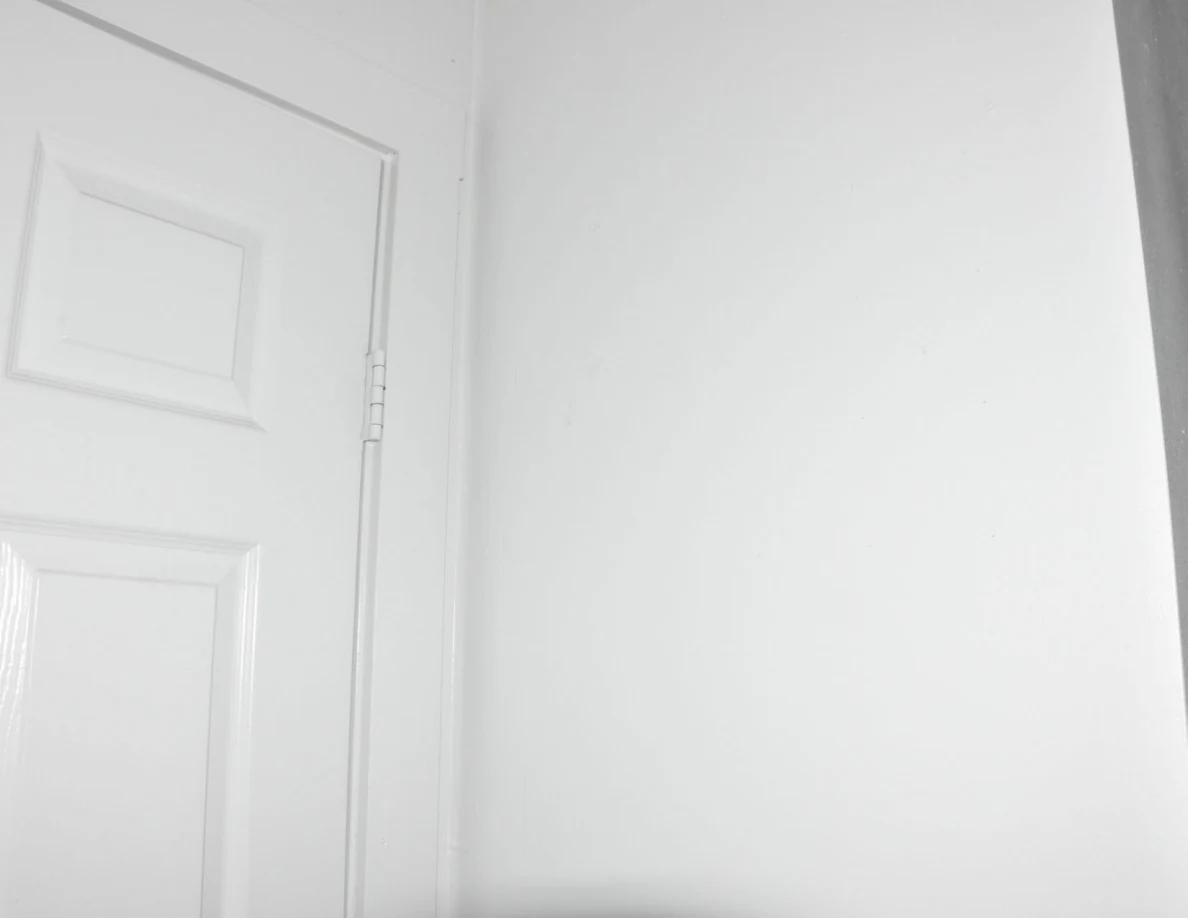 Upper door hinge and white wall.