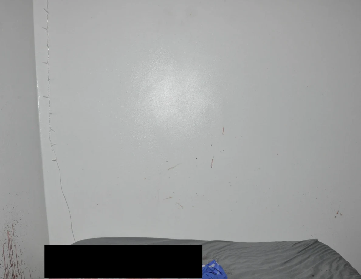 White wall with sparse reddish marks and string lights above partly redacted bedding.