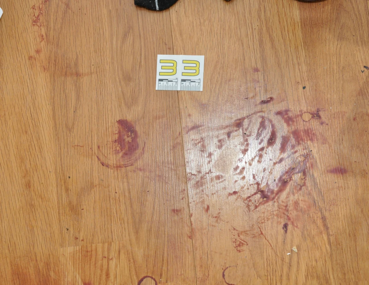 Reddish circular and smeared floor marks beside scale label 33.