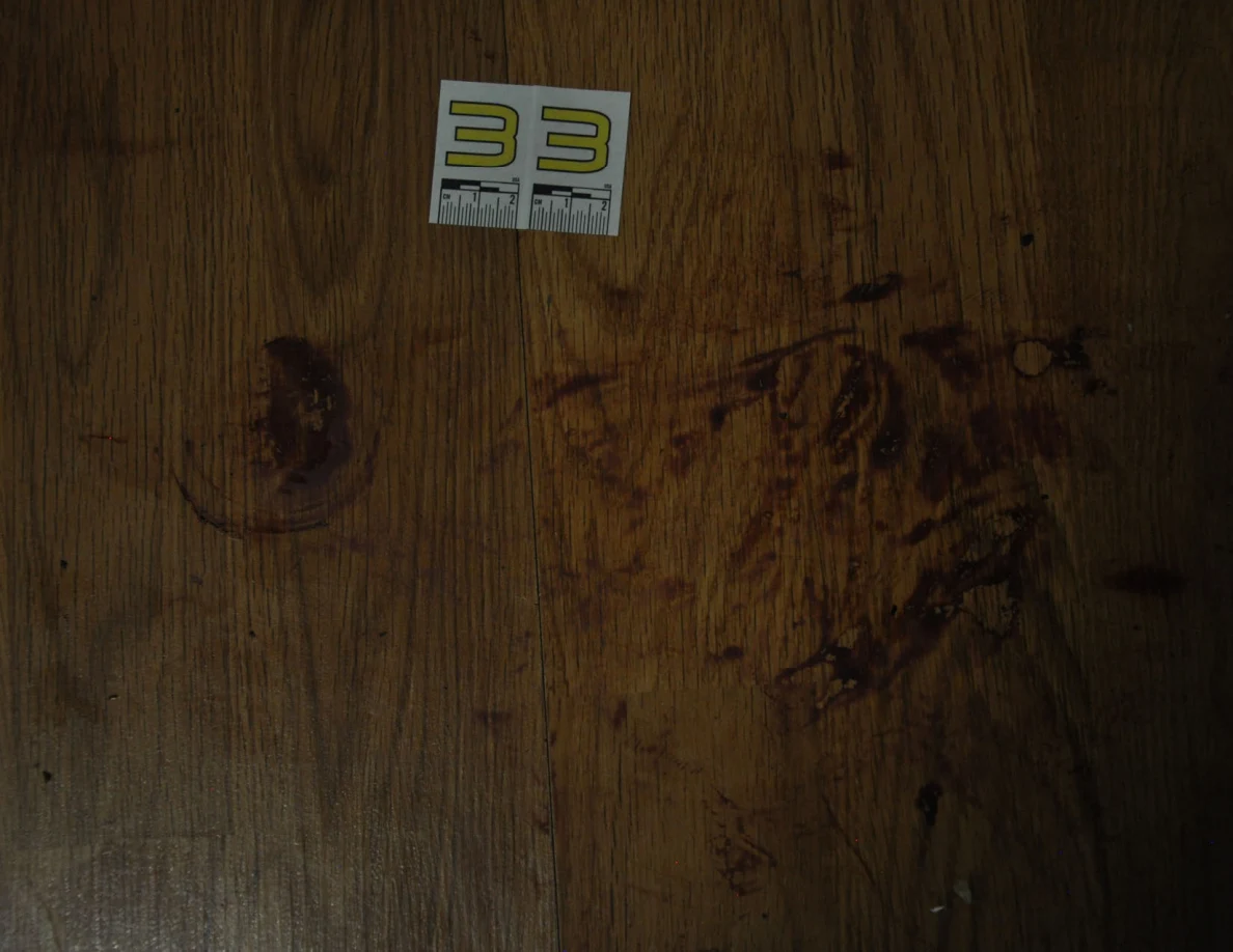 Dim close view of reddish floor marks beside scale label 33.