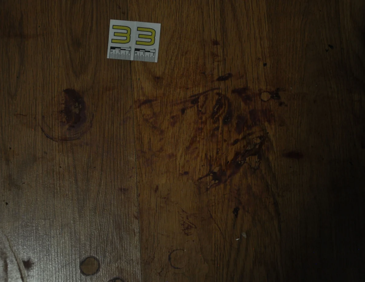 Dim view of circular and smeared floor marks beside scale label 33.