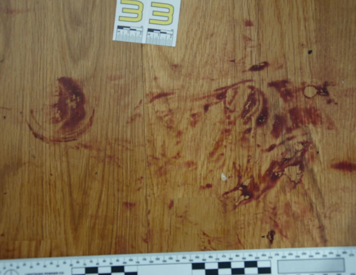 Reddish circular and smeared marks on flooring above a measuring ruler.