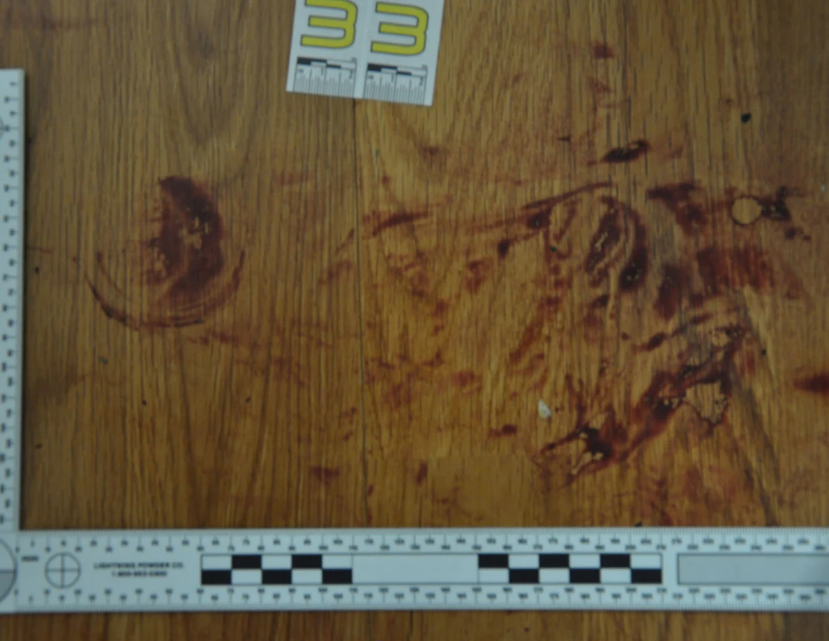 Reddish circular and smeared floor marks framed by measuring rulers beside scale label 33.