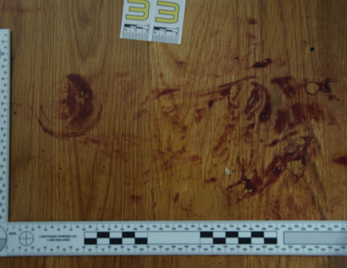 Reddish circular and smeared floor marks framed by measuring rulers beside scale label 33.