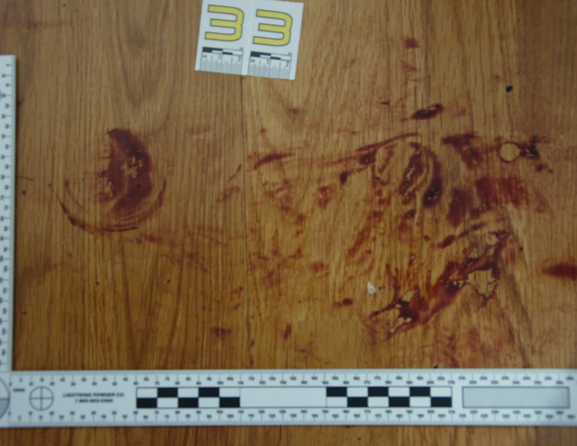 Reddish circular and smeared floor marks framed by measuring rulers beside scale label 33.
