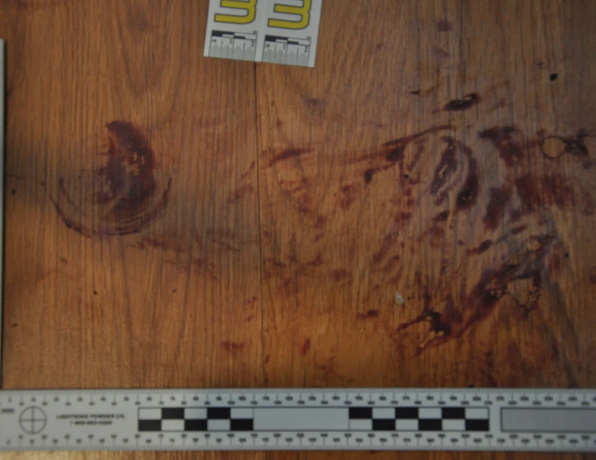 Reddish circular and smeared floor marks framed by measuring rulers beside scale label 33.