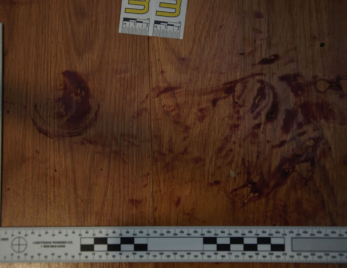 Reddish circular and smeared floor marks framed by measuring rulers beside scale label 33.
