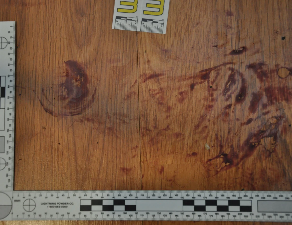 Reddish circular and smeared floor marks framed by measuring rulers beside scale label 33.