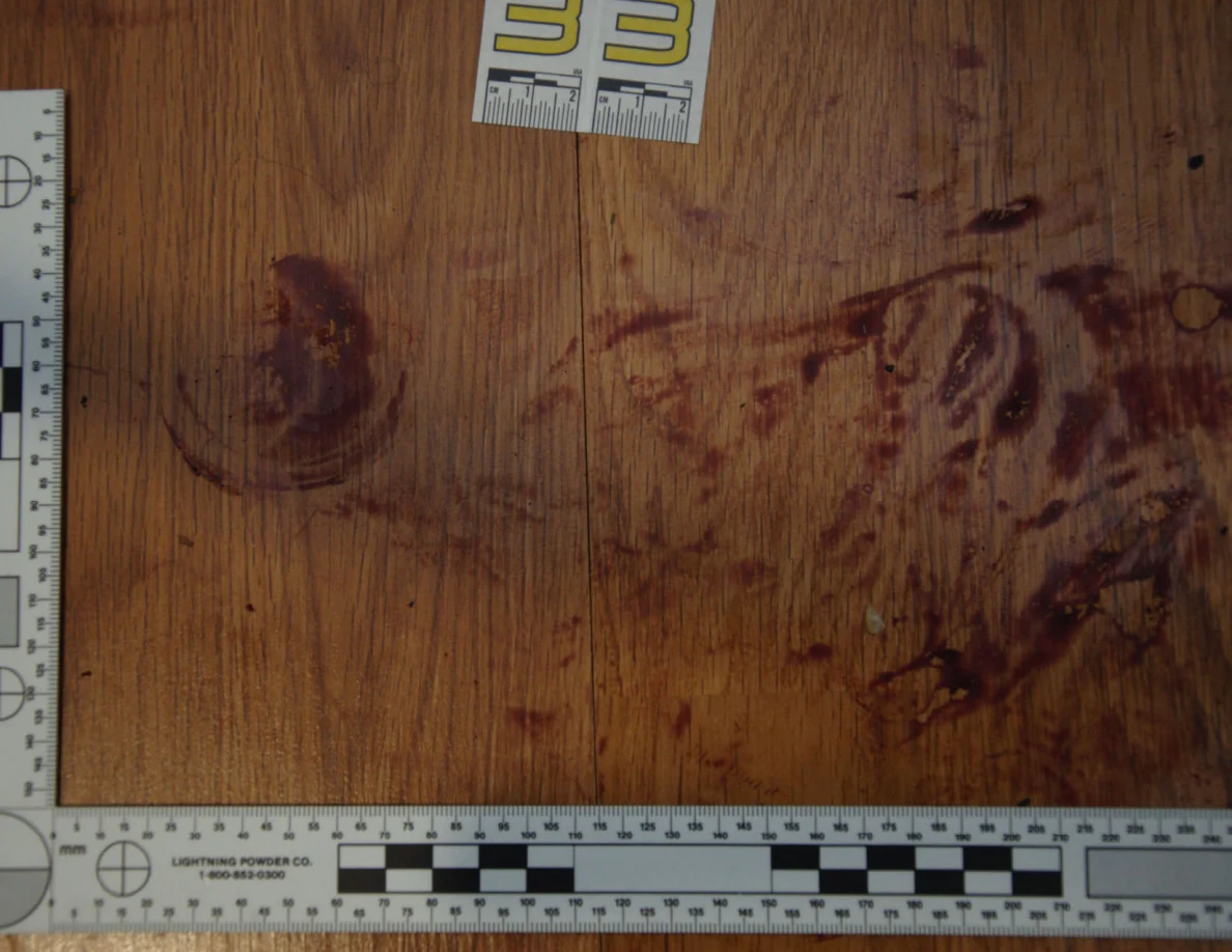 Reddish circular and smeared floor marks framed by measuring rulers beside scale label 33.