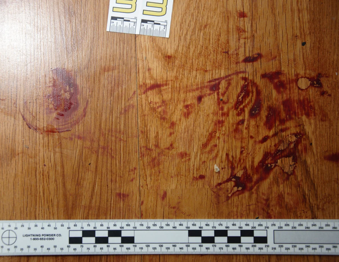 Reddish circular and smeared floor marks beside scale label 33 and a black-and-white measuring ruler.