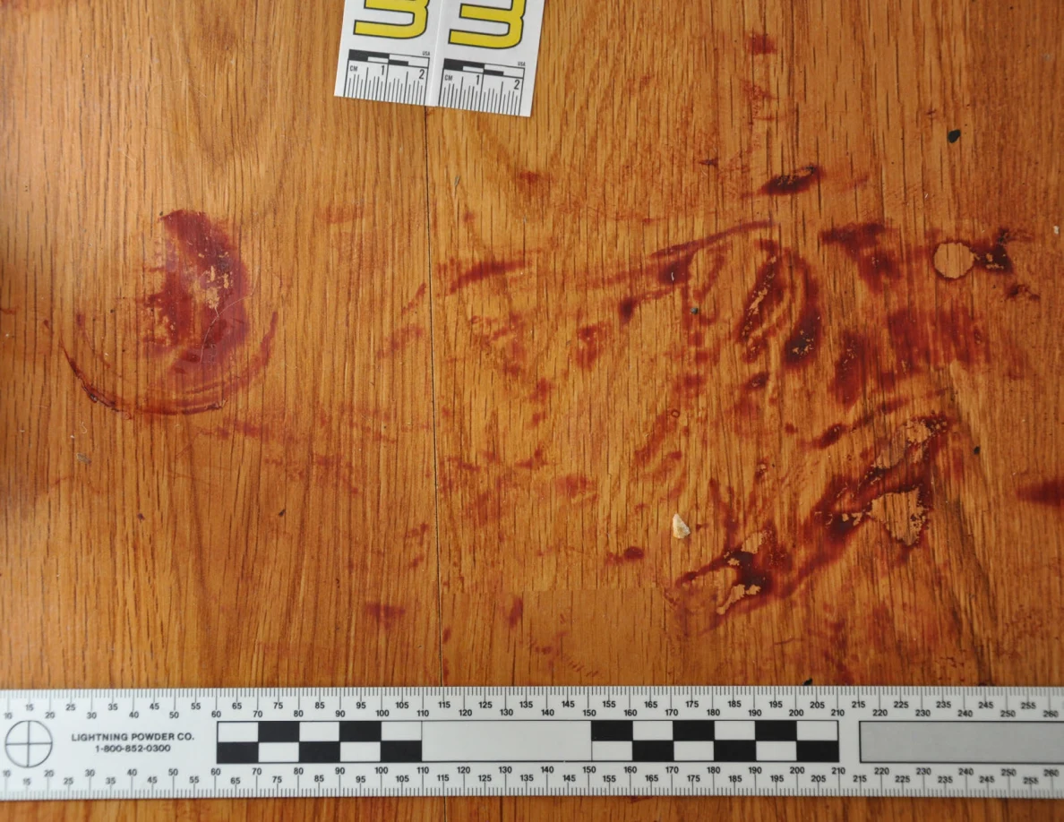 Reddish circular and smeared floor marks beside scale label 33 and a black-and-white measuring ruler.