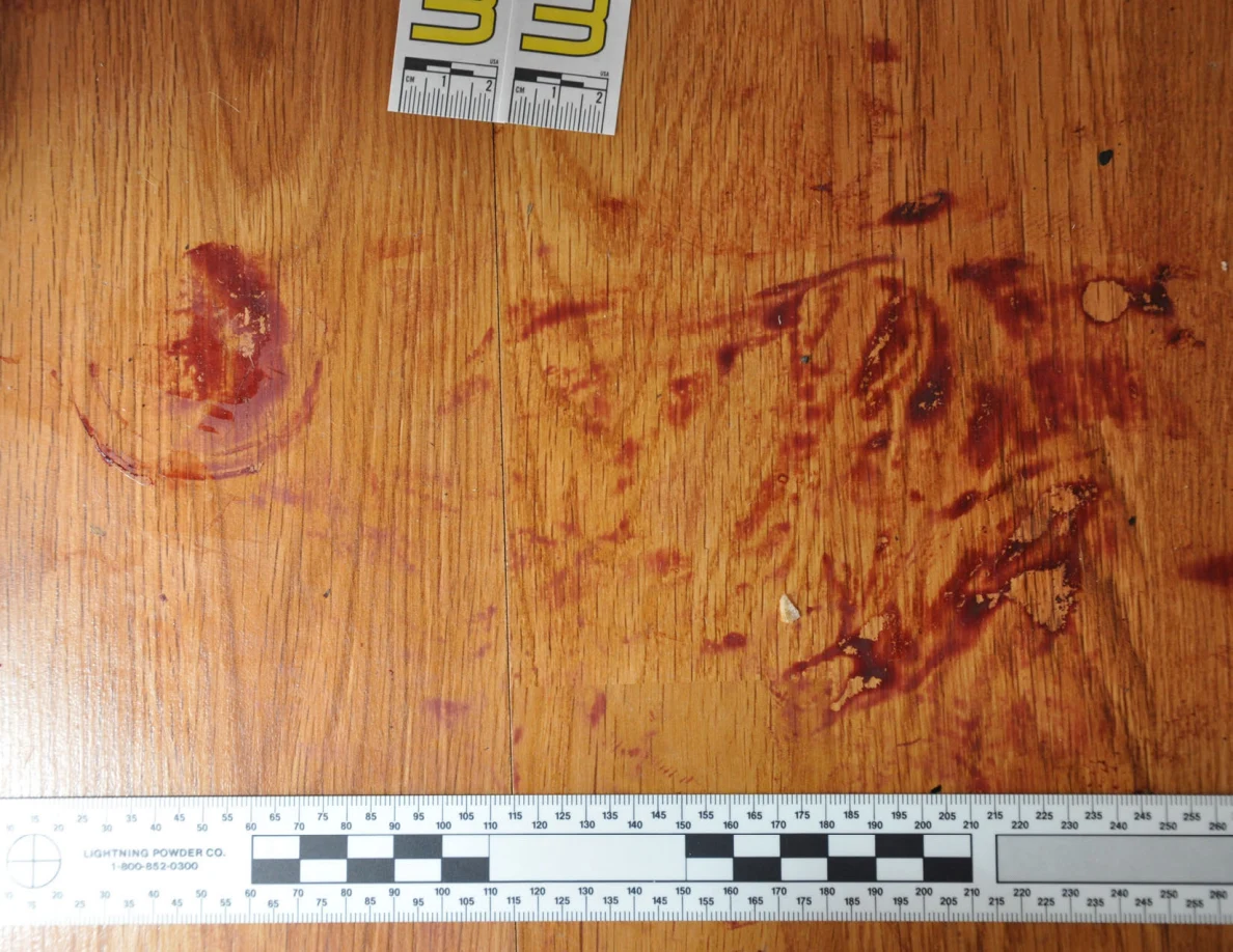 Reddish circular and smeared floor marks beside scale label 33 and a black-and-white measuring ruler.