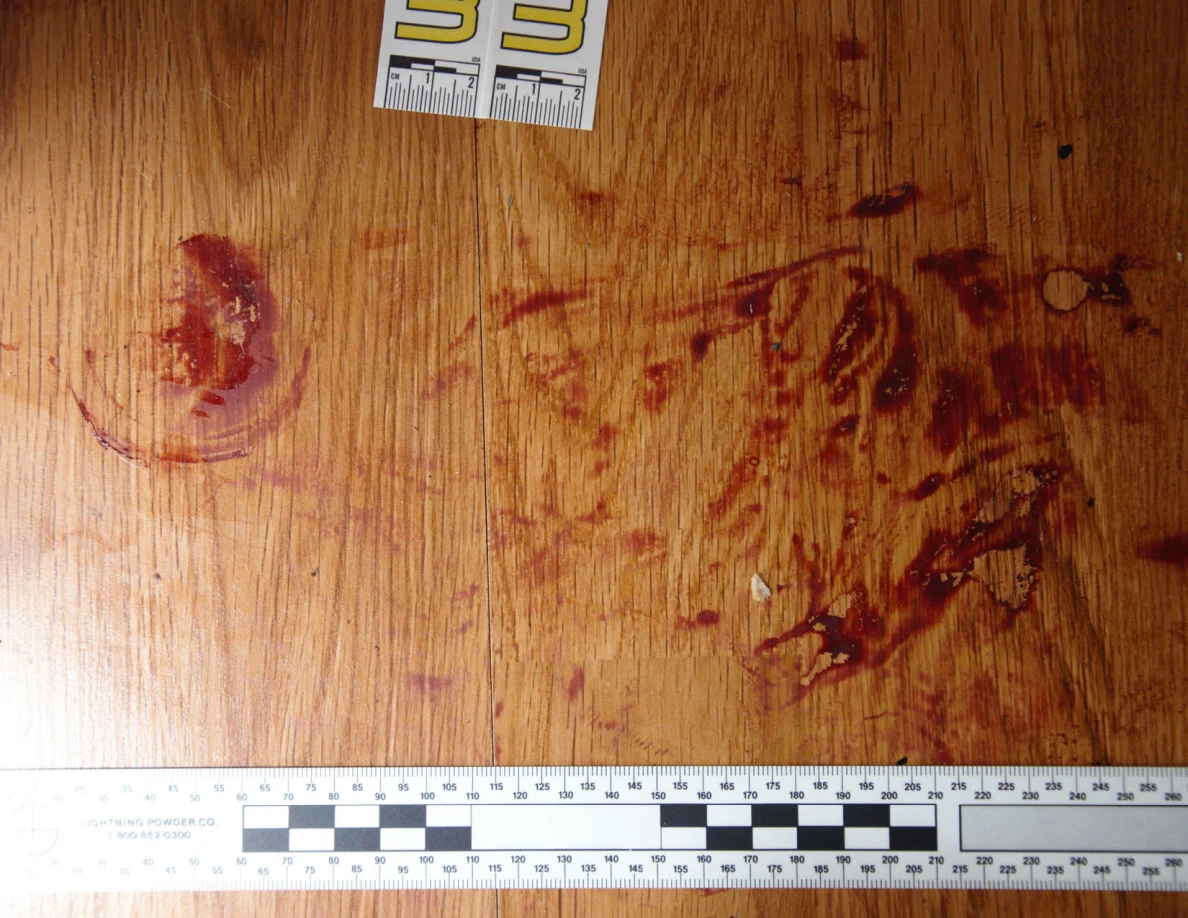 Reddish circular and smeared floor marks beside scale label 33 and a black-and-white measuring ruler.