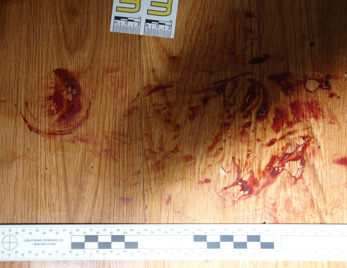 Reddish circular and smeared floor marks beside scale label 33 and a black-and-white measuring ruler.