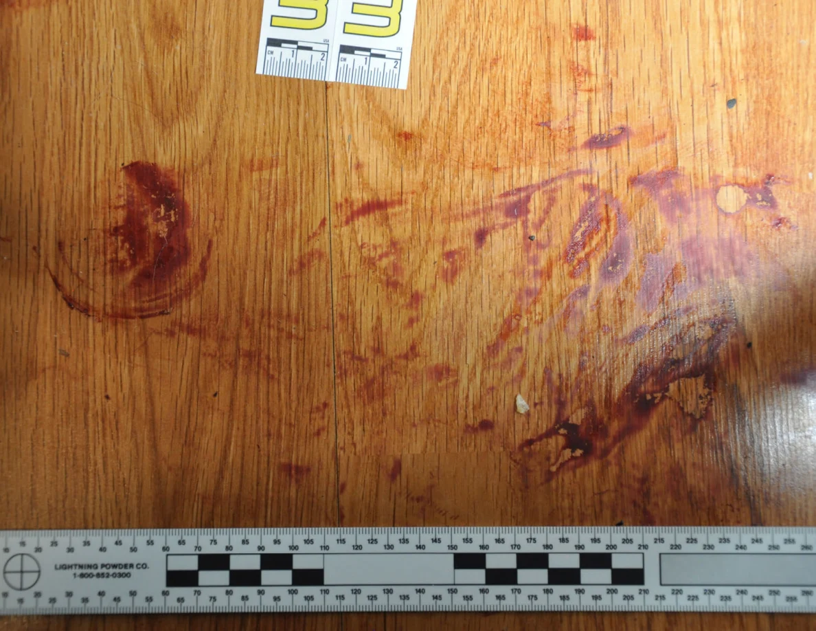 Reddish circular and smeared floor marks beside scale label 33 and a black-and-white measuring ruler.