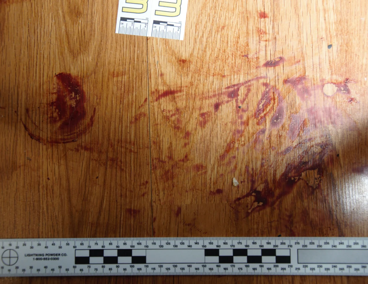 Reddish circular and smeared floor marks beside scale label 33 and a black-and-white measuring ruler.