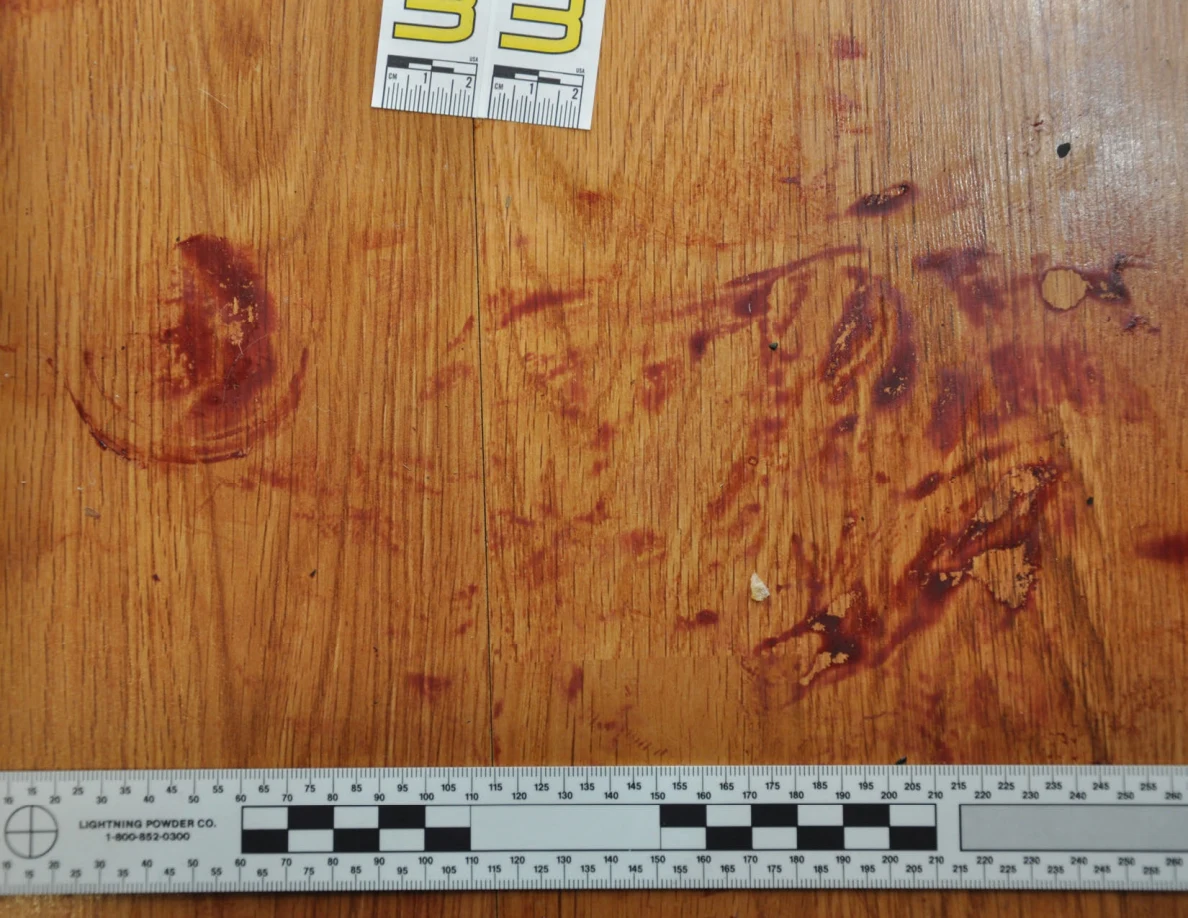Reddish circular and smeared floor marks beside scale label 33 and a black-and-white measuring ruler.