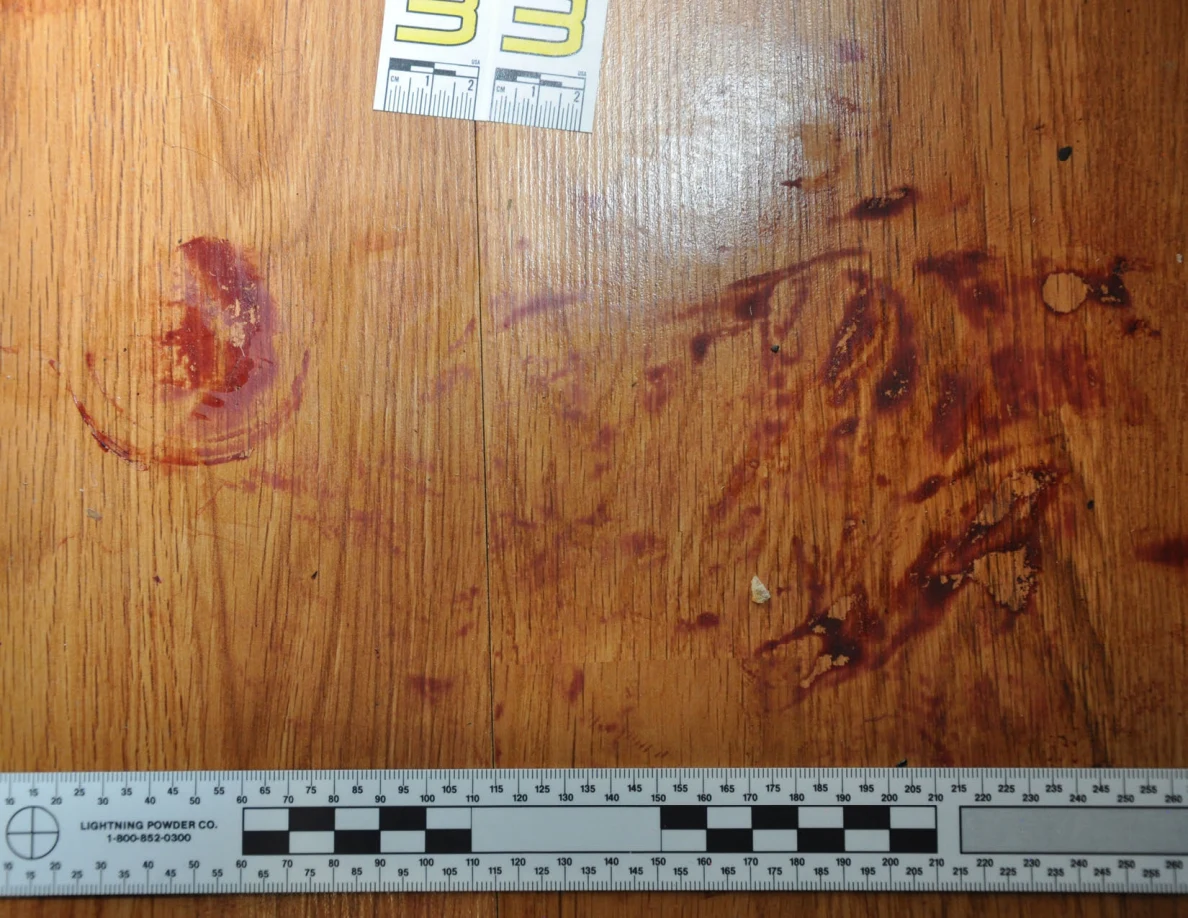 Reddish circular and smeared floor marks beside scale label 33 and a black-and-white measuring ruler.