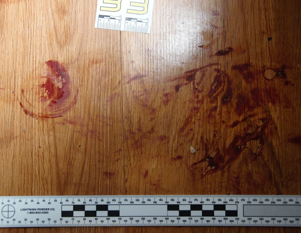 Reddish circular and smeared floor marks beside scale label 33 and a black-and-white measuring ruler.