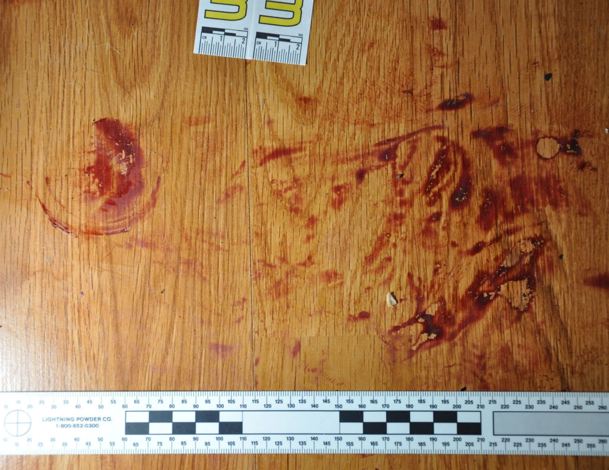 Reddish circular and smeared floor marks beside scale label 33 and a black-and-white measuring ruler.