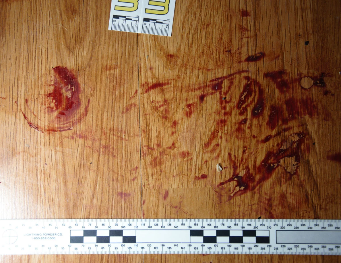 Reddish circular and smeared floor marks beside scale label 33 and a black-and-white measuring ruler.