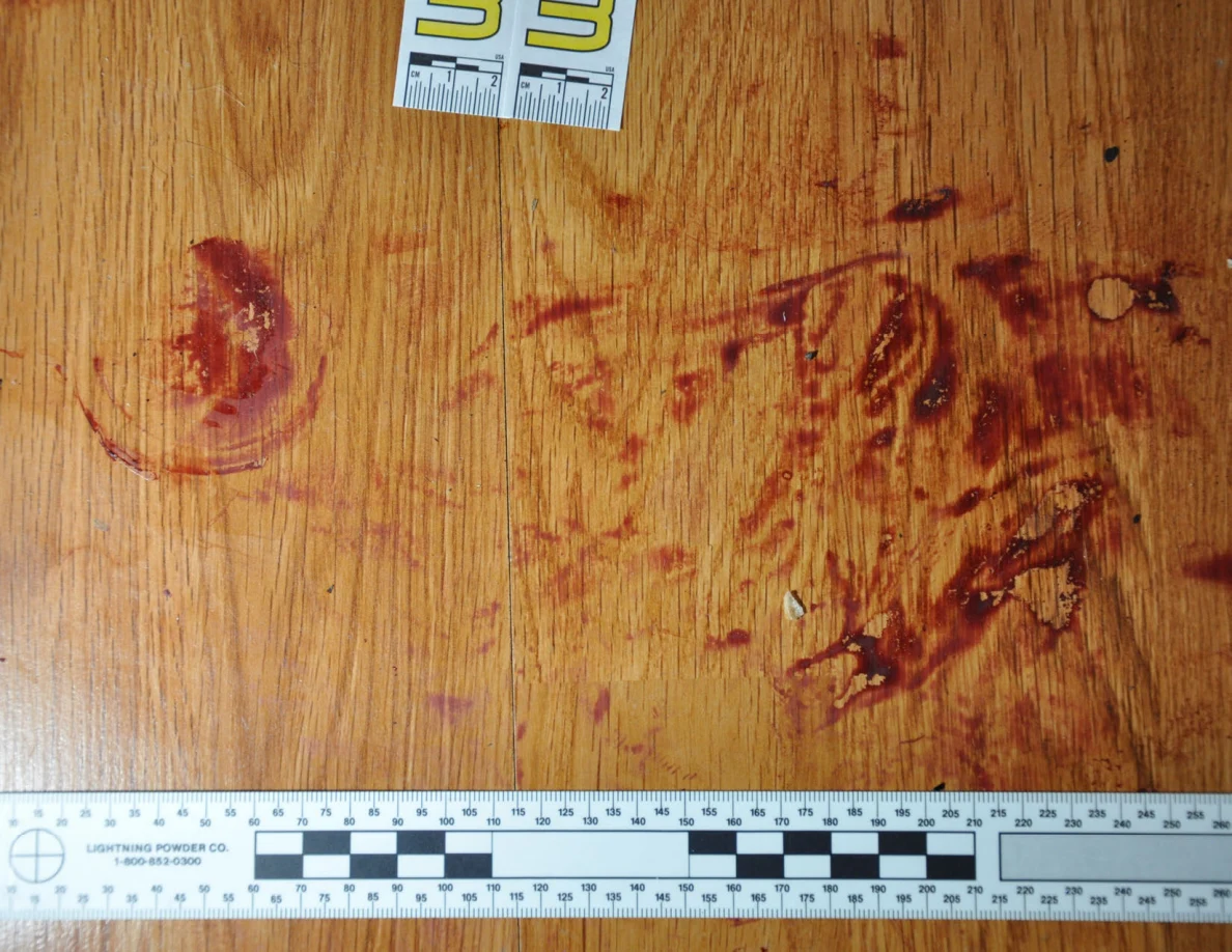 Reddish circular and smeared floor marks beside scale label 33 and a black-and-white measuring ruler.