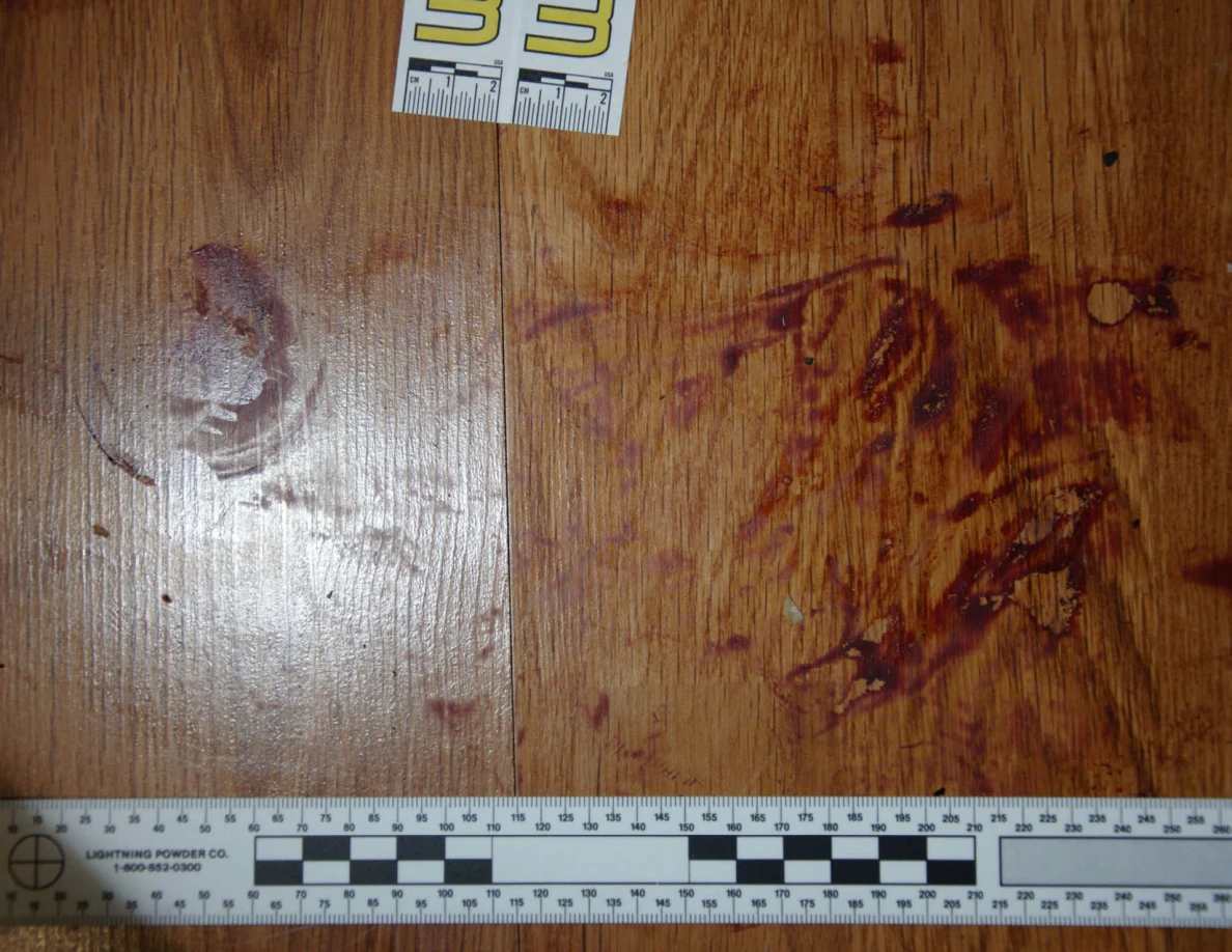 Reddish circular and smeared floor marks beside scale label 33 and a black-and-white measuring ruler.